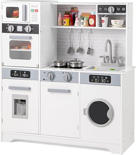 Miniatura 18 de HONEY JOY Juego de cocina para niños, cocina de juego de madera para niños pequeños, máquina de hielo y cafetera, estufa, grifo, microondas, armario