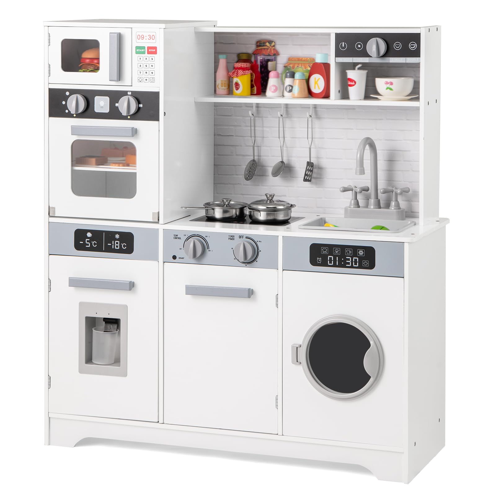 DREAMADE Kinderküche Holz mit Zubehör, Kinder Küche mit Herd Spüle Backofen Waschmaschine, Kinderspielküche Holzküche mit Licht & Sound, Spielküche für Kinder ab 3 Jahren