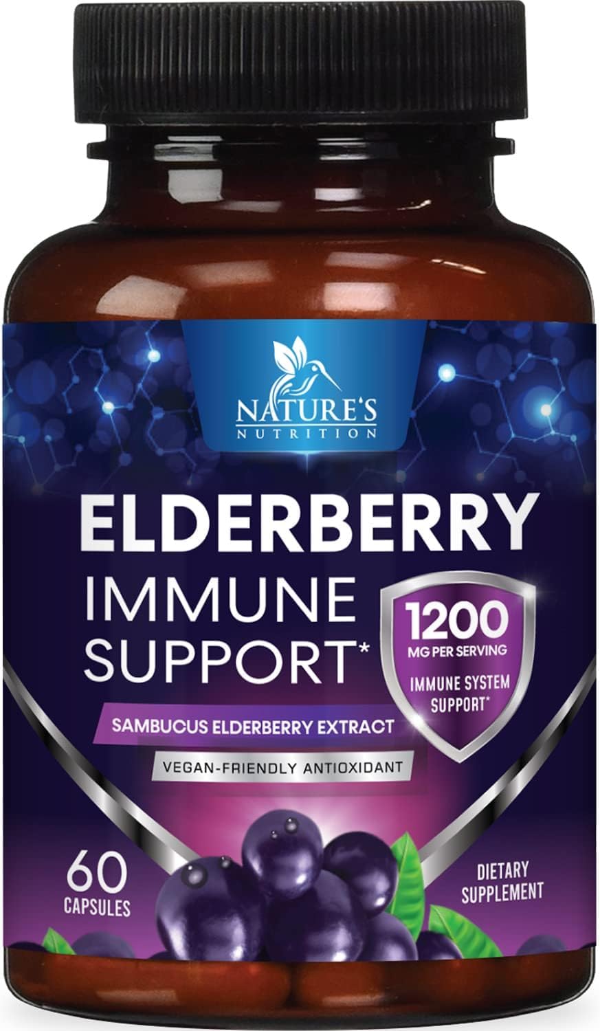 Elderberry Immune Support 1200mg Capsules - Natural Daily Wellness with Concentrated Sambucus Black European Elderberry Fruit Extract - Antioxidant Vitamin Supplement, USA Bottled - 60 Capsules 60 Count (Pack of 1)