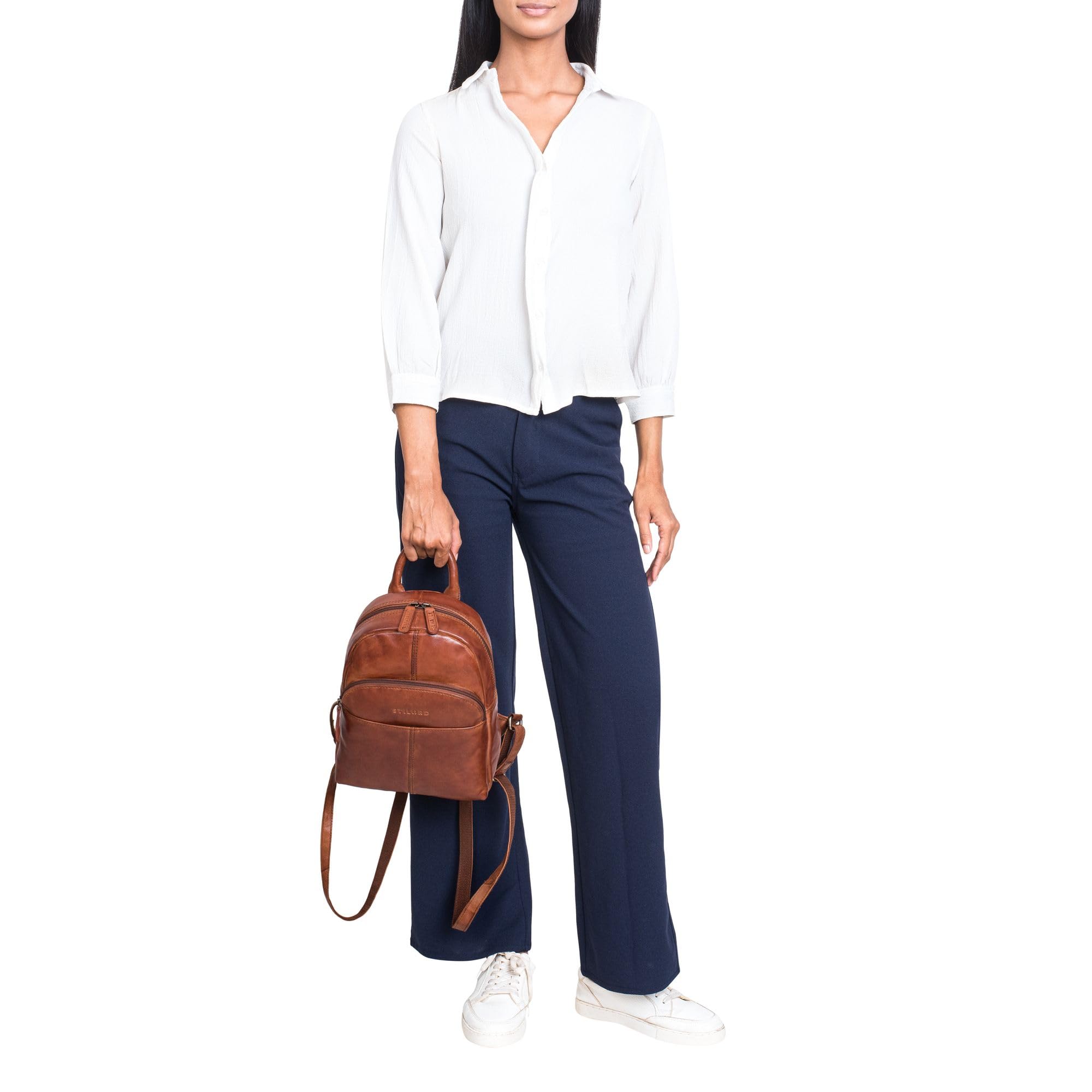 STILORD Elva Mochila Mujer Casual Pequeña de Piel Autentica - Ideale como Mochilas de Viaje Elegante - Bolsa Mochila Cuero Antirrobo con Muchos Compartimentos Color:Brandy - coñac