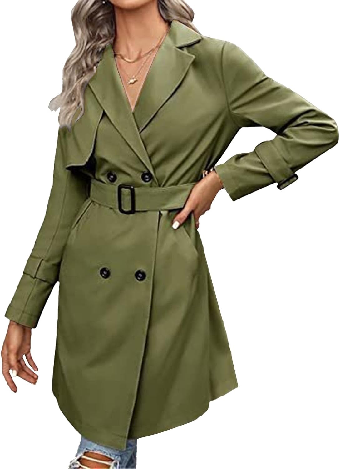 Women's Trench Coat Double-Breasted Classic Lapel Overcoat Business Casual Belted Slim Outerwear Coat with Pocket