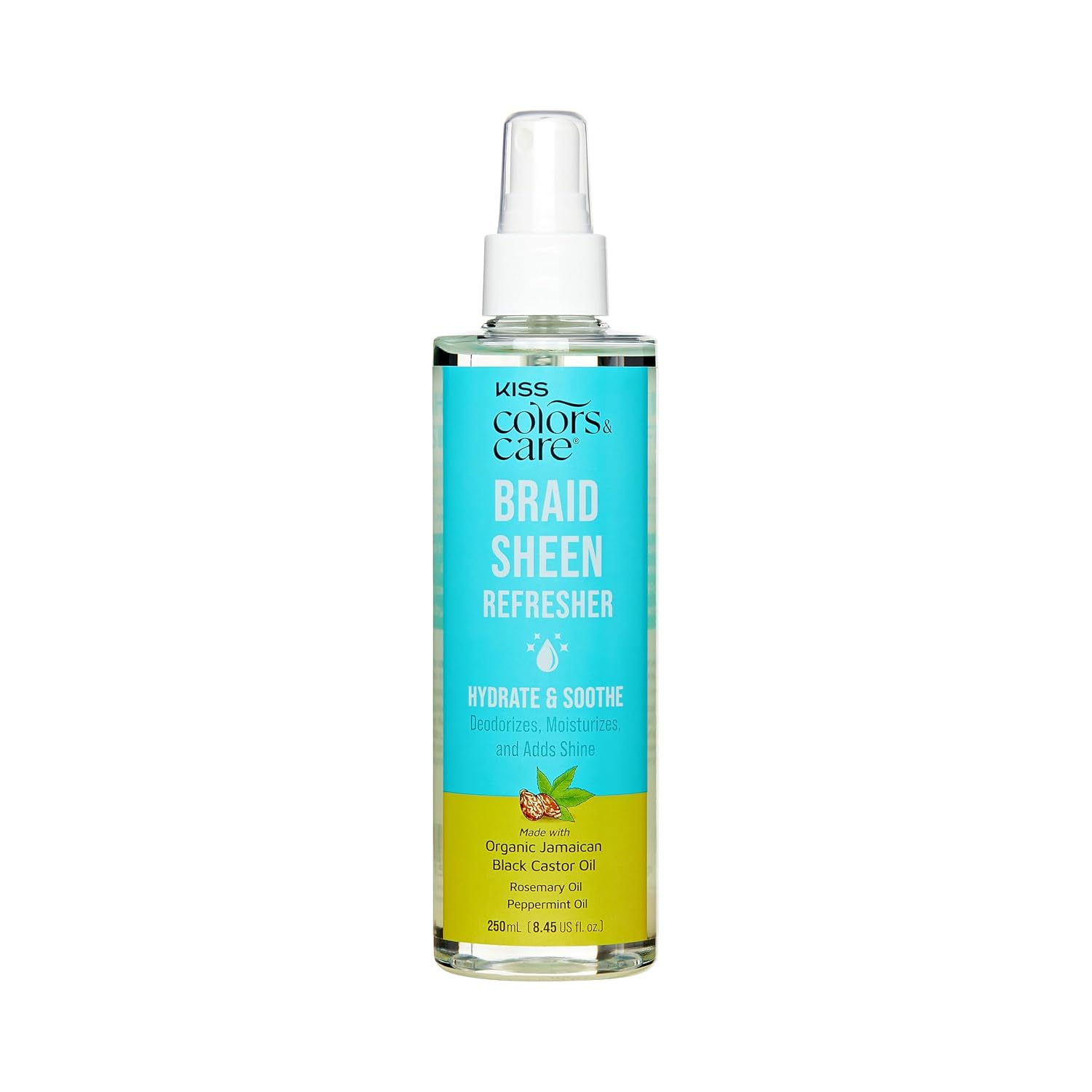 KISS COLORS & CARE Braid Sheen Spray 8.45 oz - Healthy Shine For Braids, Locs, Curls & Natural Hair, Organic Jamaican Black Castor Oil, Soothing Scalp, Instant Moisture, No Sulfates or Parabens