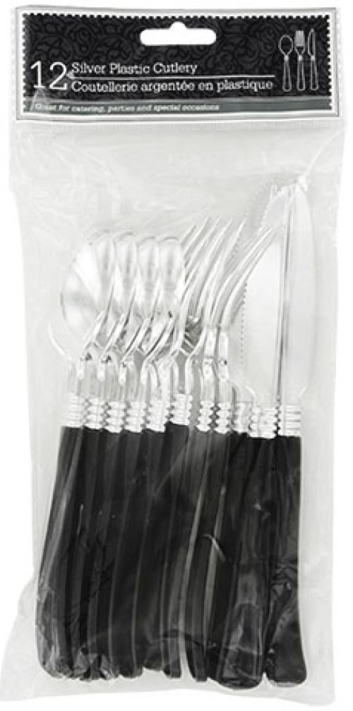 Plastic Flatware - Silver with Black Handles - 8 Place Settings - Cutlery - Disposable