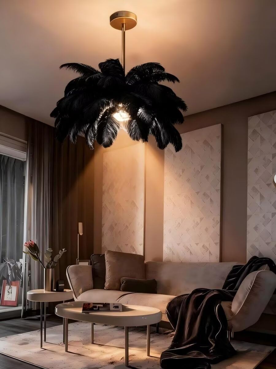 AstrizLamp Feather Chandelier, Black Fluffy Lampshade Modern LED Pendant Light 6-Lights 4500K, Naturel Feather Ceiling Light, for Living Room Bedroom Kids Room Home Creative Decor, φ-65cm