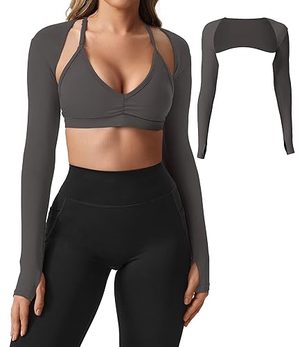 YEOREO Women Crop Top Long Sleeve Bolero Open Front Workout Cropped Shirts Sports Shrug - Charcoal - Small