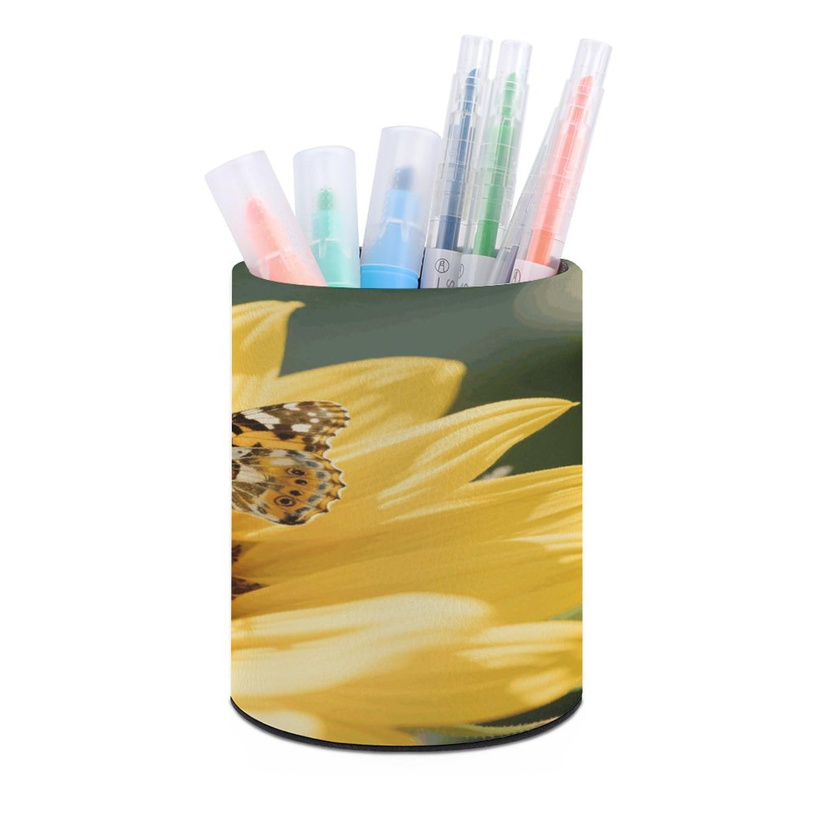 VstaDank Sunflower Pen Holder Round Pencil Holder Cup Pen Container PU Leather Desk Organizer Stand Decor Brush Scissor Holders Decoration Office Desk Home (3.1 X 3.9 Inches)