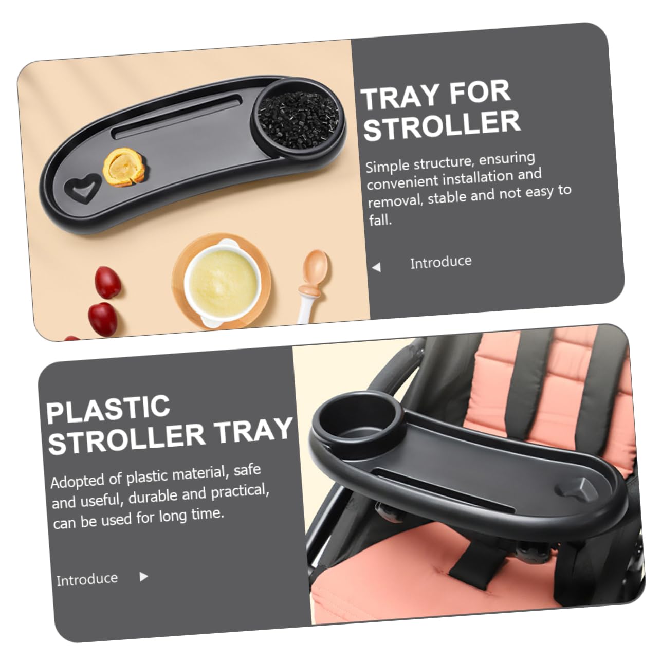 Plateau de Poussette avec Porte-gobelet Stable en Plastique Noir et Facile à Nettoyer, Accessoire pour Repas et Goûter Bébé en Promenade
