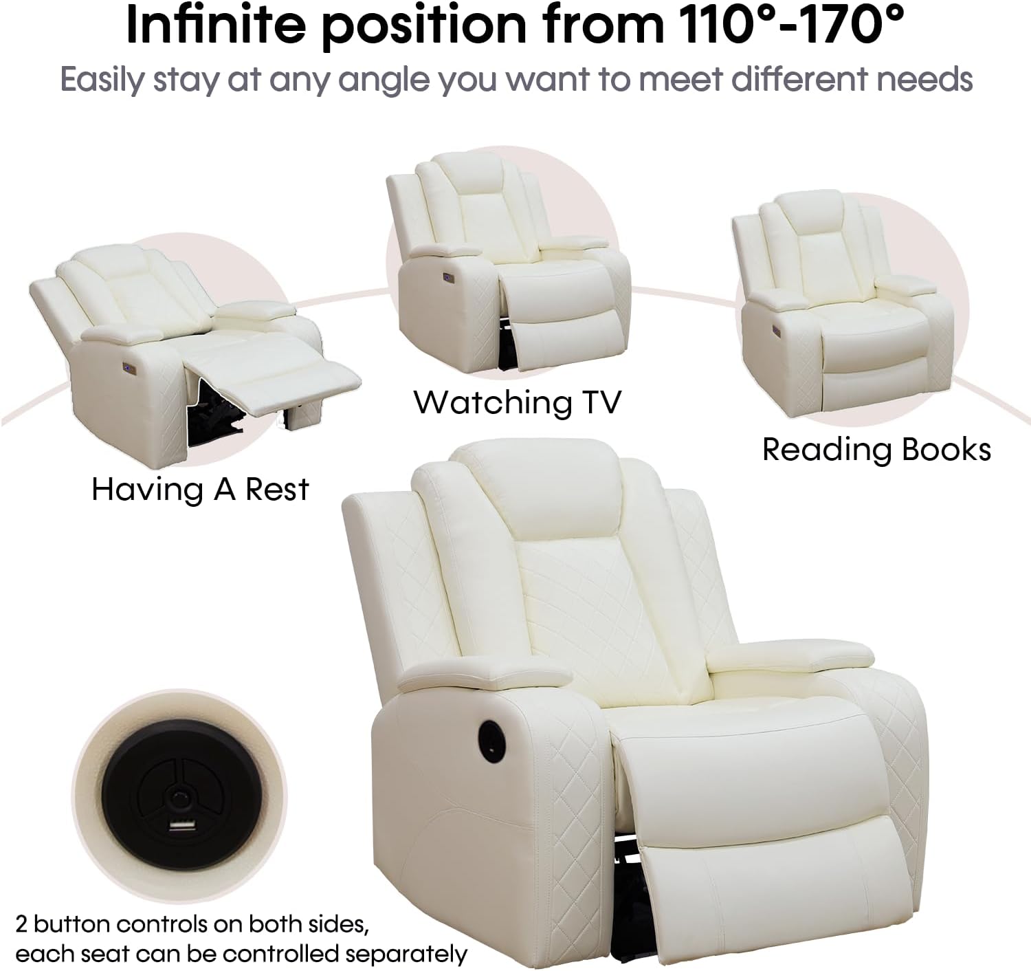 Power Recliner Sofa Set with LED Lights,Leather Reclining Chair with USB Port/Storage Console,Living Room Furniture Set for House/Home Theater/Small Space/Rv(Recliner Chair,Creamy)