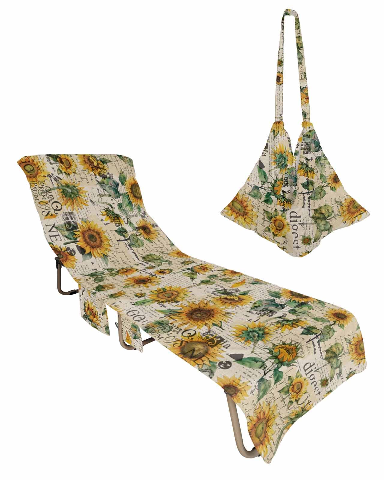Sunflower Beach Lounge Chair Towel Cover, Soft Chaise Lounge Towel with Side Pockets Patio Pool Chairs Cover for Beach/Pool Sunbathing 29x85 Retro Floral Newspaper Country Botanical