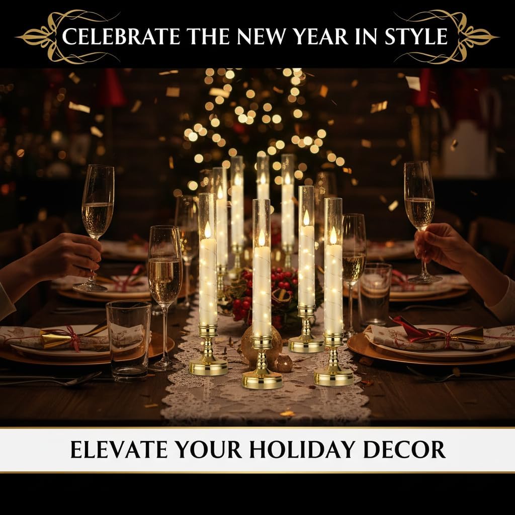 9PCS Flameless Pillar Candles with Remote and Timer,Fake Candles Romantic Design with Built-in Star String Lights, Gold Candles Battery Operated