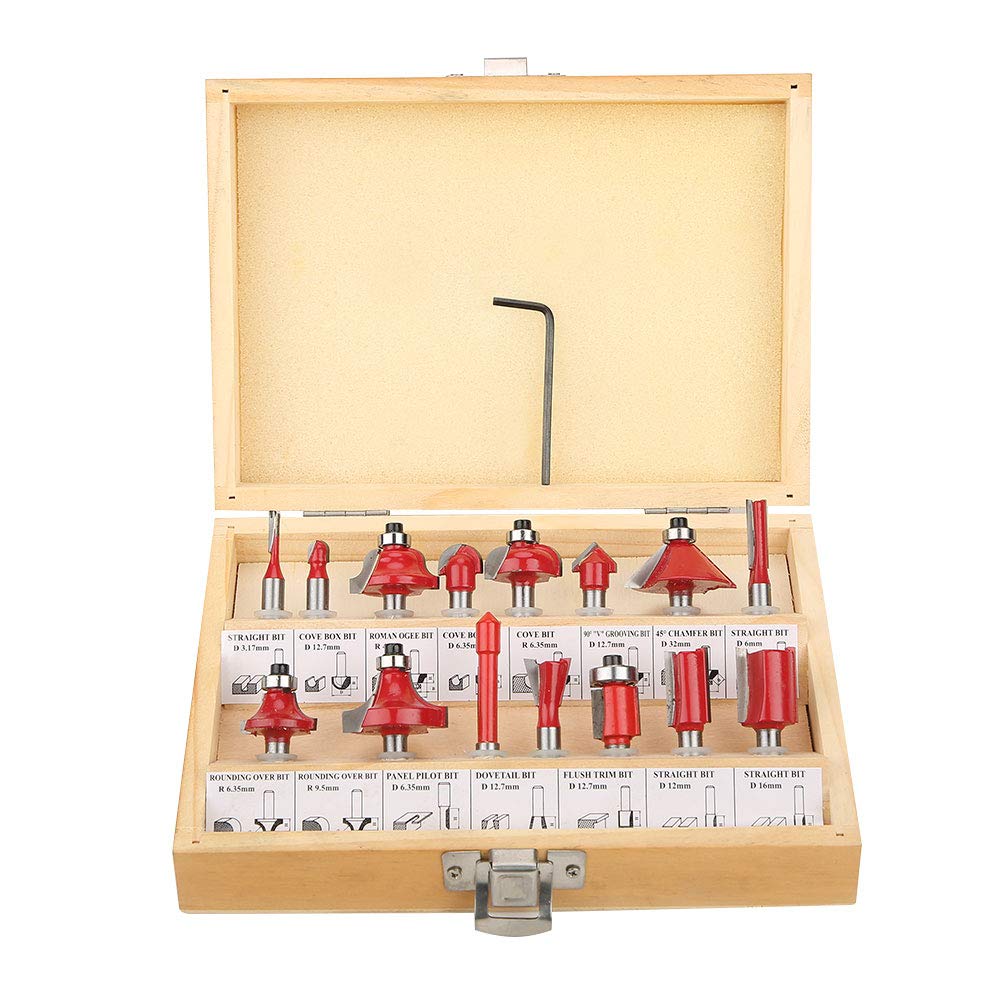 Set van 15 frezen voor bovenfrezen – voor hout 8 mm – werkgereedschap voor beginners – frezen van industriële kwaliteit – met houten opbergdoos