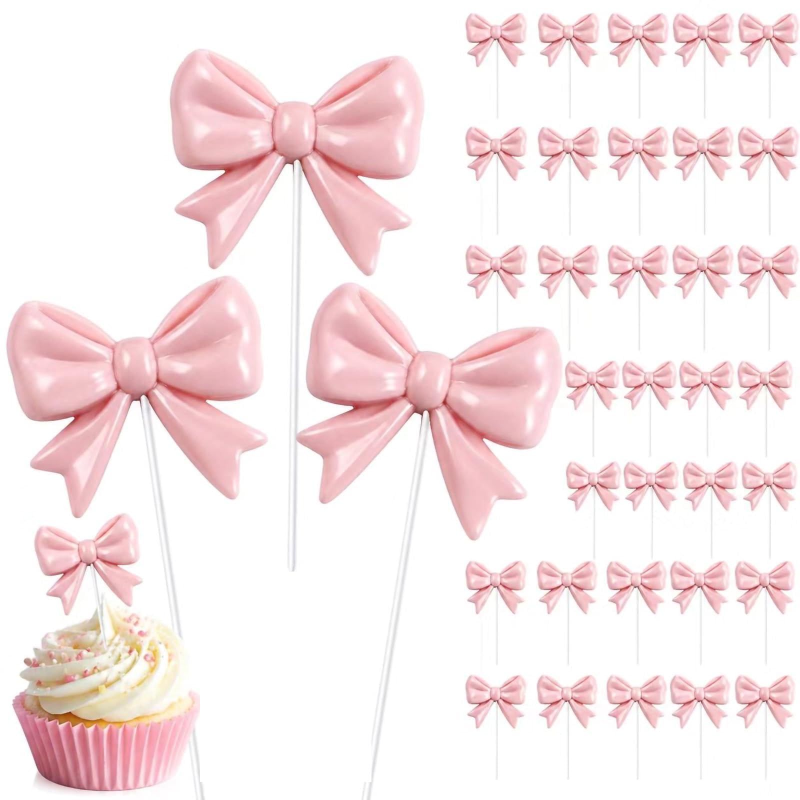 40 Pcs Pink Bow Cake Toppers, Resin Bow Cupcake Decorations for Girls Birthday, Baby Shower, Bridal Shower, Party Cake Decor