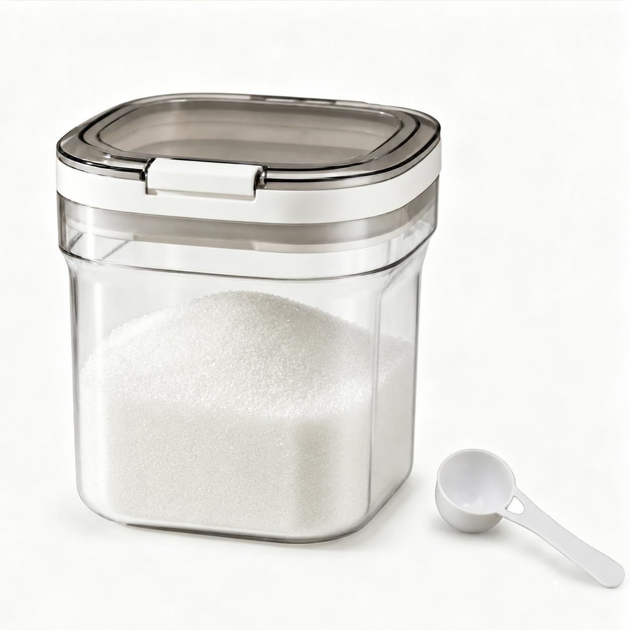 Punorric Sugar Container 1L with Spoon, Sugar Pot with Lid, Clear Sugar Storage Container, One Press Sugar Jar with Lid, Stackable Sugar Canister for Coffee Station, Pantry & Countertop