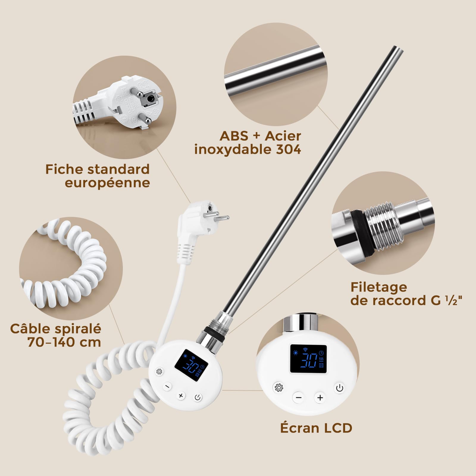 S'AFIELINA Élément chauffant pour radiateur 600W WiFi thermostat Blanc | Résistance sèche-serviette en inox avec thermostat, écran LCD et programmation hebdomadaire pour radiateur salle de bain