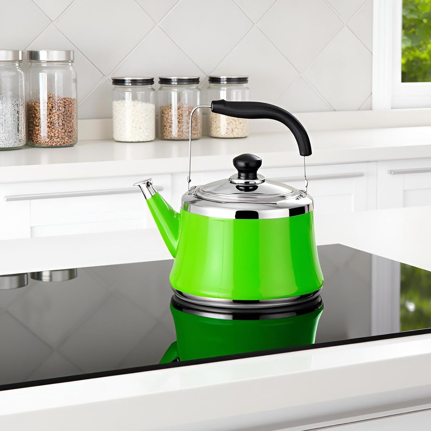 Tea Kettle Stovetop, Whistling Teapot 304 Food Grade Stainless Steel Tea Pot with Ergonomic Folding Handle Suitable for All Heat Sources(Green,2L)