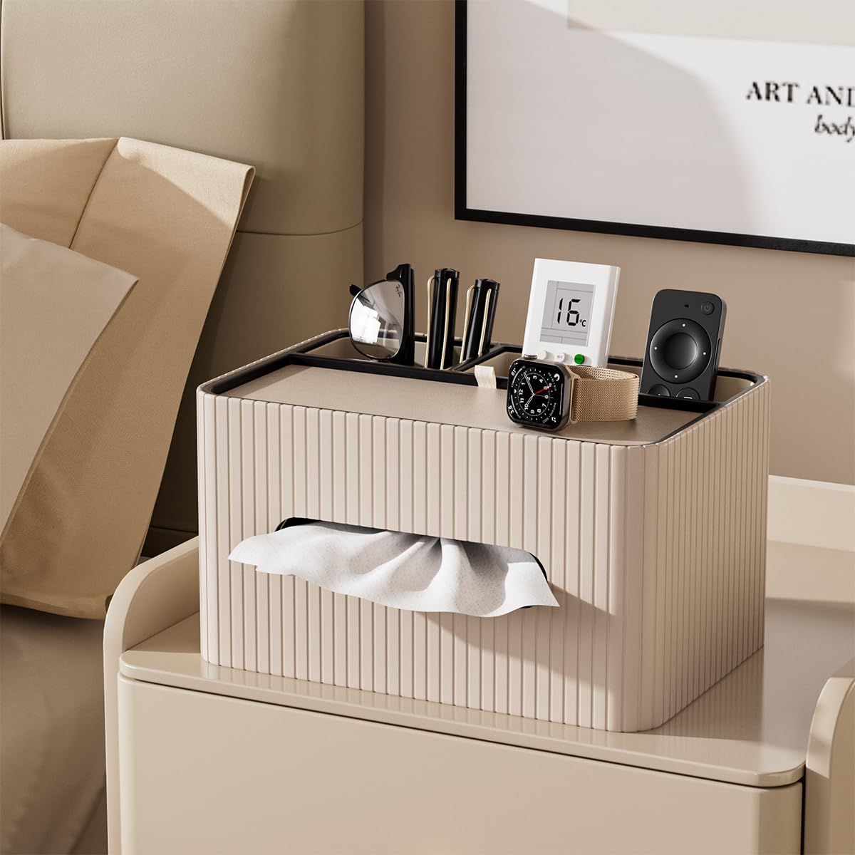 KINGFOM Kosmetiktücherbox aus PU Leder mit Ablage, Rechteckige Taschentuchbox mit 2 Fächern – Moderne Tissue Box Taschentuchspender für Wohnzimmer, Badezimmer & Büro, Tücherbox Organizer (Beige)