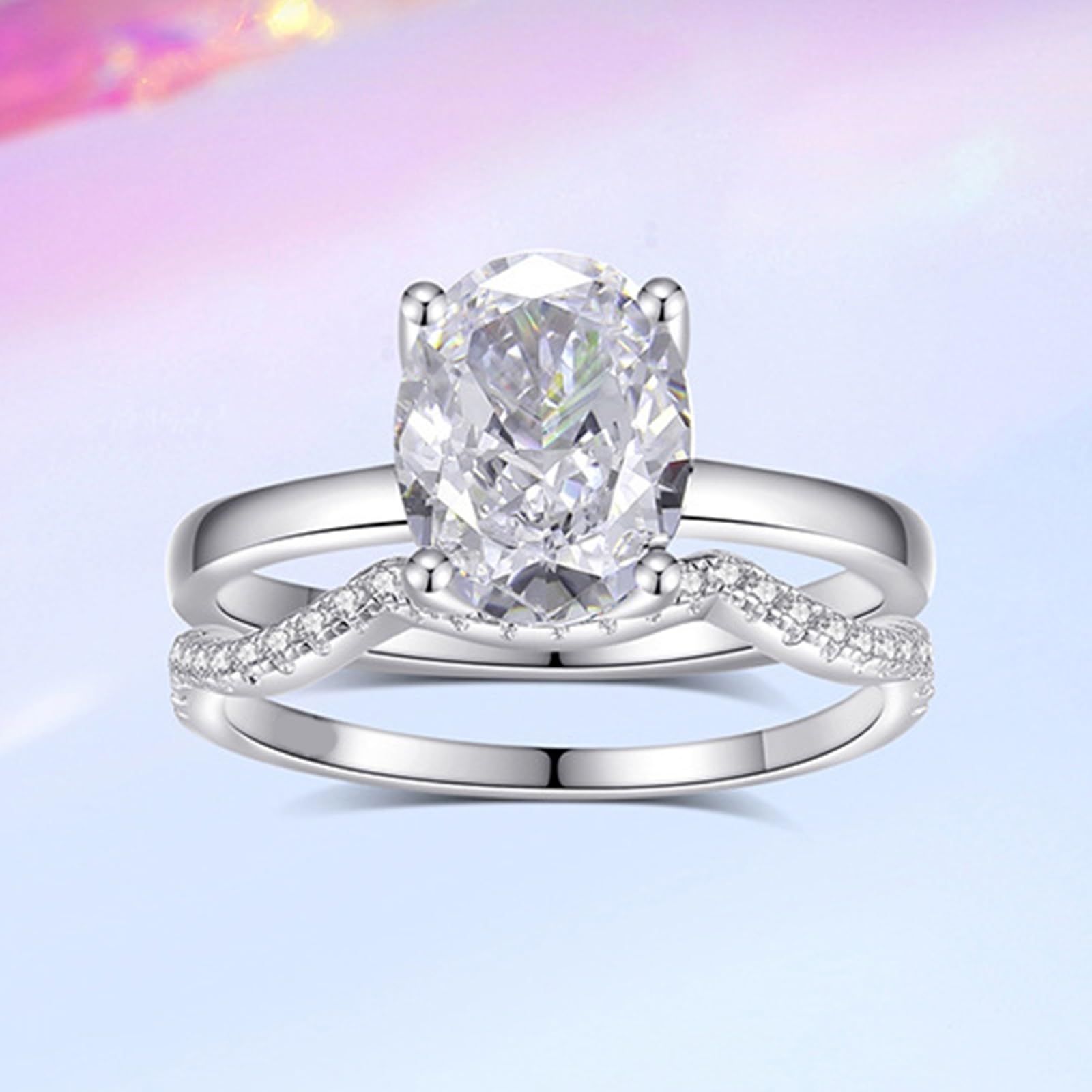 Set di anelli di fidanzamento in oro bianco 18 carati, personalizzabili, eleganti e ondulati da 2,5 carati, ovali con moissanite StackerRing da donna