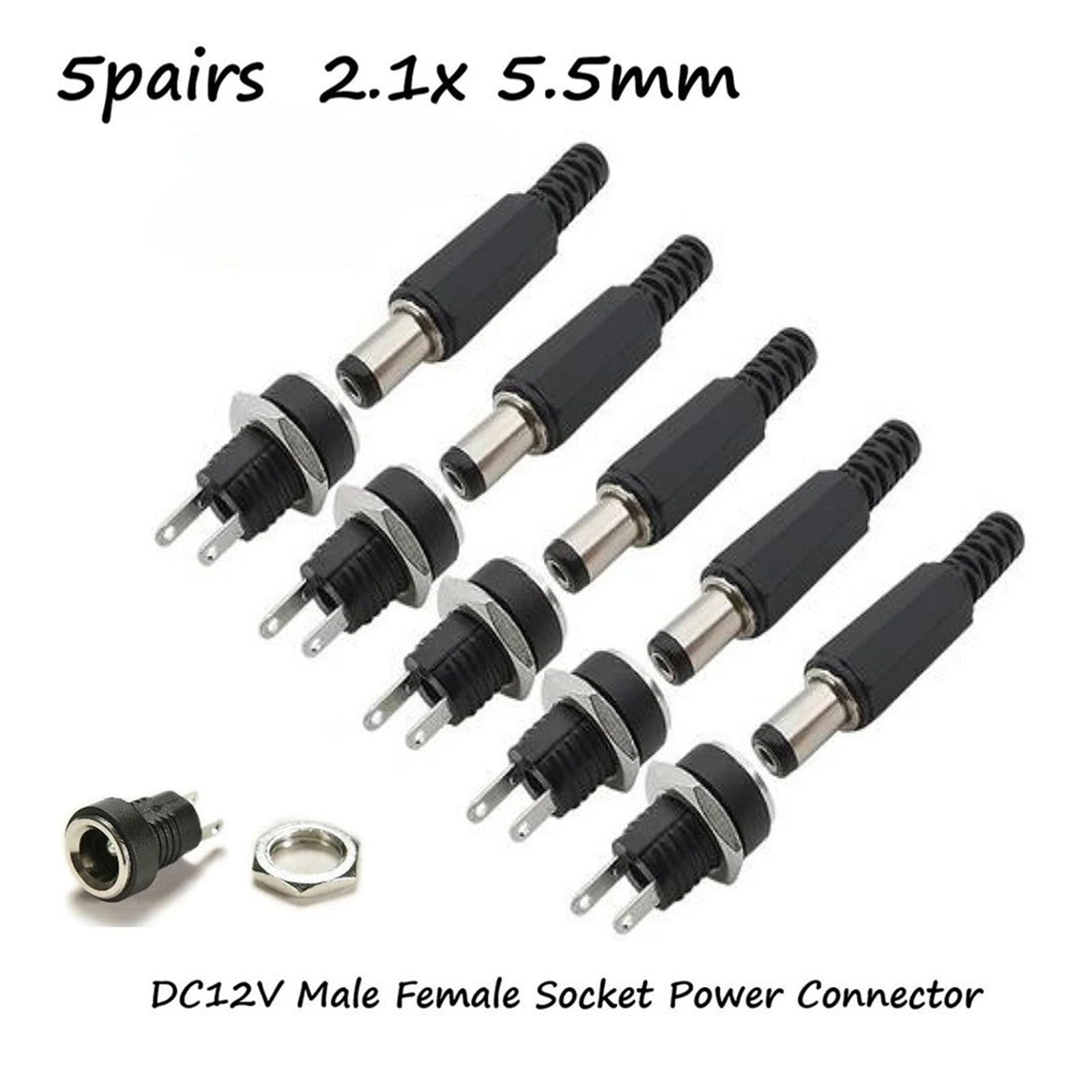 AC DC Adapter Extended DC Connector Black Silver Panel Mount 5,5 x 2,1 mm