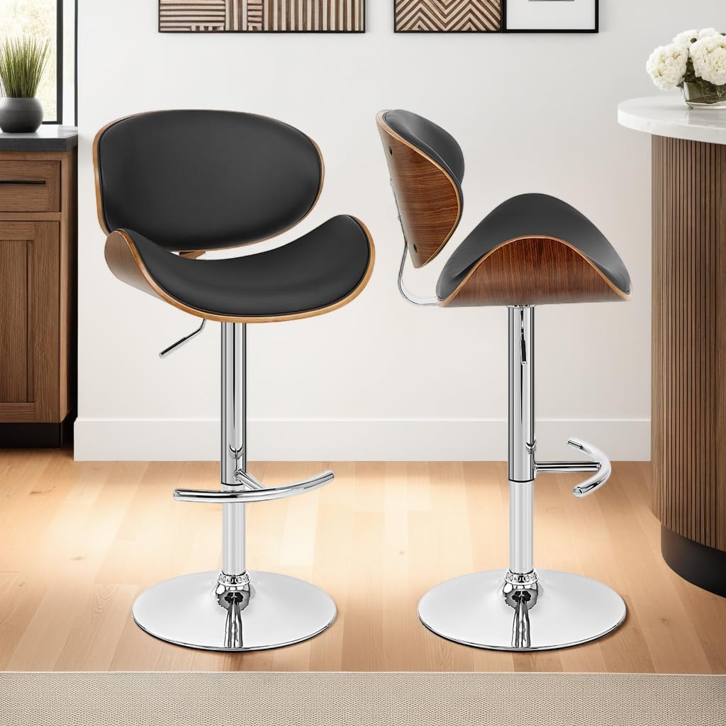 Armen Living Naples Swivel Barstool in Black Faux Leather, Walnut Wood and Chrome Finish
