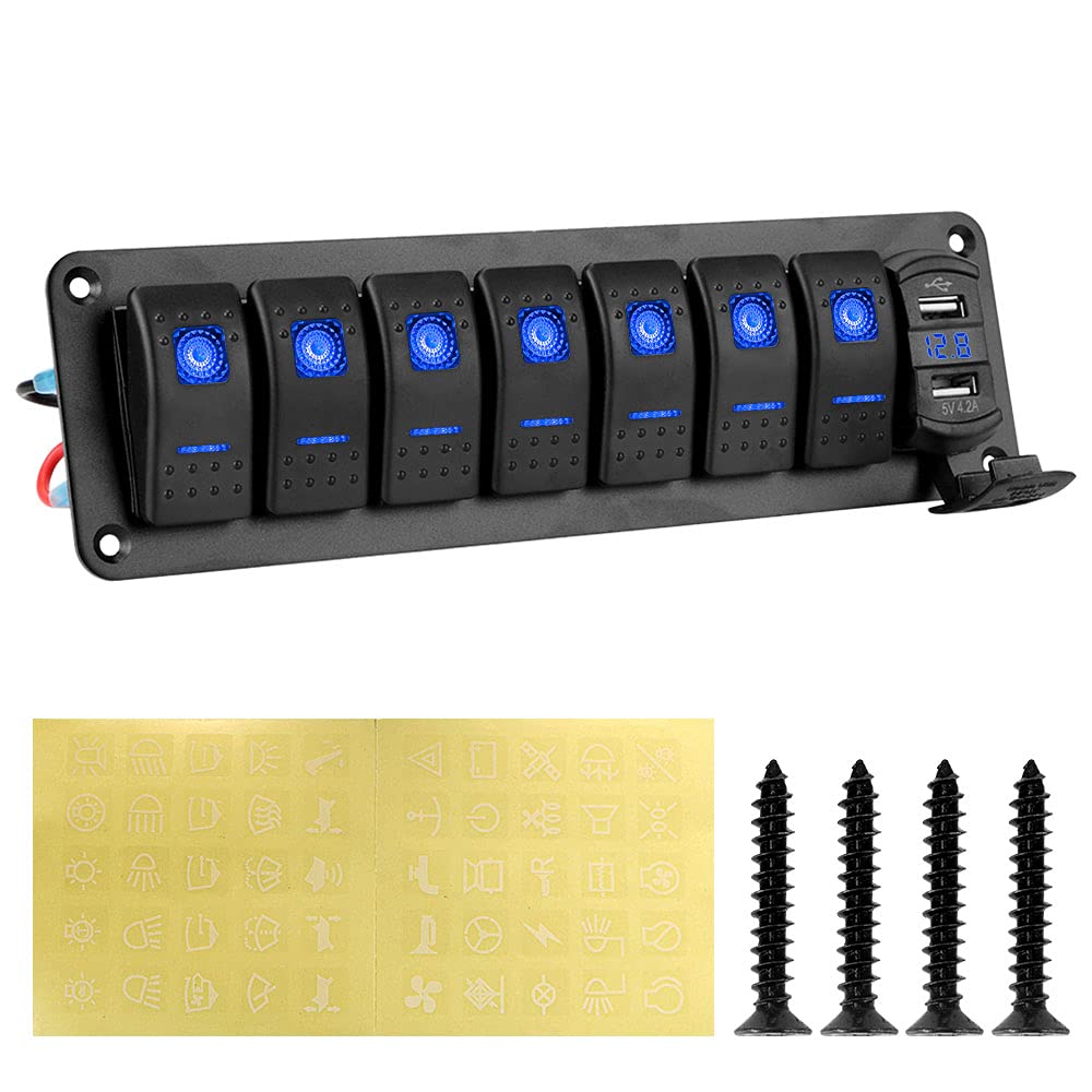 Riloer Panel de interruptor de combinación de 8 bandas, 12 V, 24 V, interruptor basculante cerrado impermeable con luz LED y pantalla de voltaje, cargador USB dual de 5 V 4,8 A