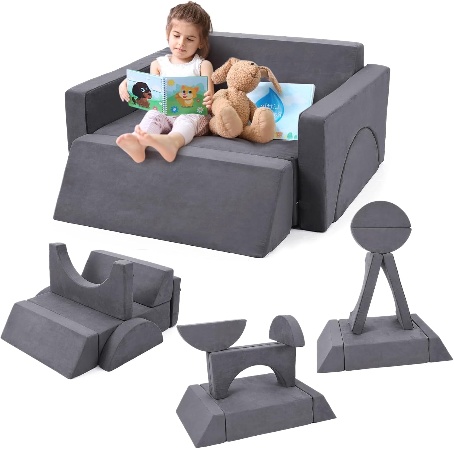 GarveeHome 7Pcs Kids Play Couch, Modular Kids Sofa Toddler Couch, Multifunctional Play Couch Convertible Sofa Play Set for Playroom Nursery, Dark Grey