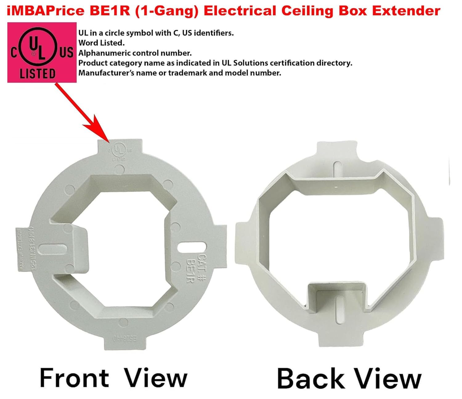 iMBAPrice BE1R-4 1-Gang Ceiling Box Extender 4-Pack, UL Listed Plastic Electrical Box Extension Ring 4.35" x 1.5" for 3.5" & 4" Round or Octagonal Boxes, Old Work Retrofit Installation