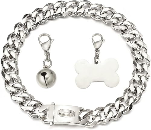 Collar de cadena de plata para perro, collar de cadena de eslabones cubanos con hebilla de diseño, etiqueta de identificación de perro y campana de