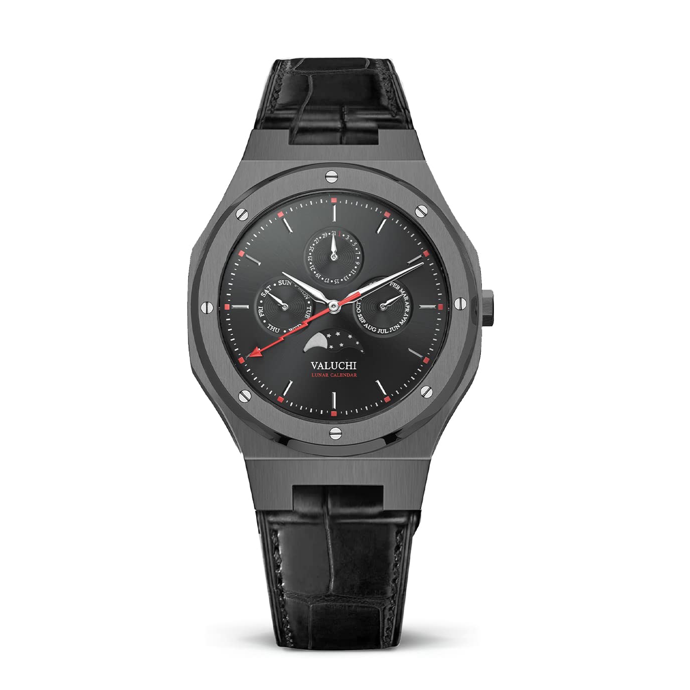 Valuchi Luxury Fashion Men's Lunar Calendar Waterproof Stainless Steel Moonphase Sapphire Glass Japa