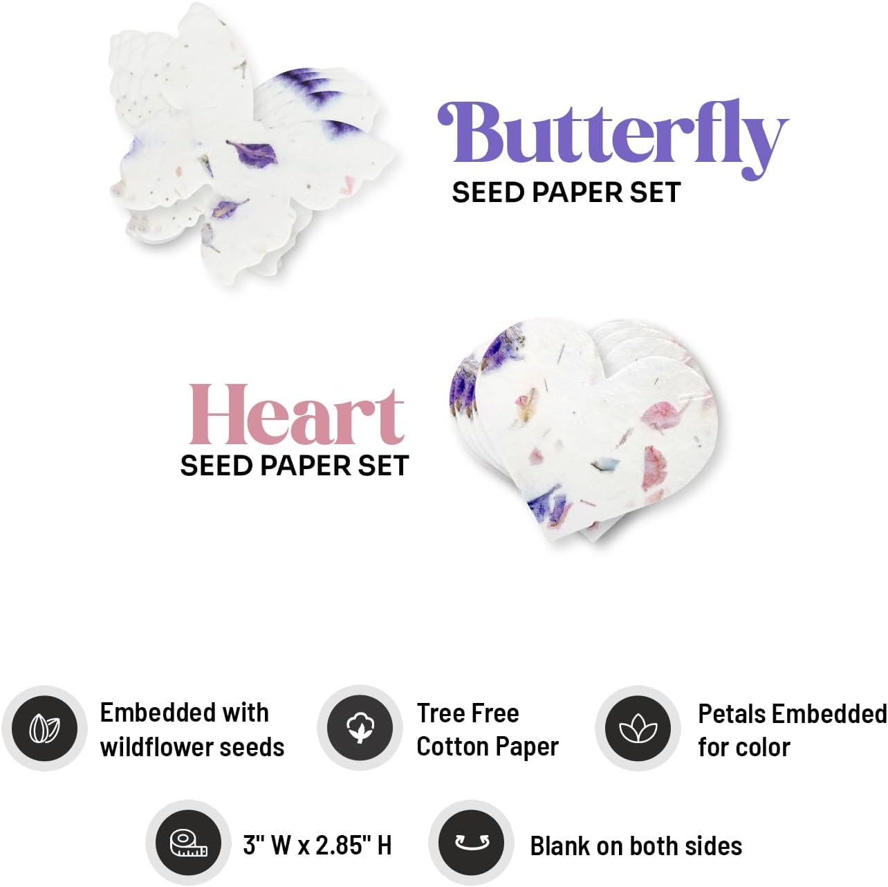 Set of 24 Mixed Heart and Set of 24 Purple Butterfly - Plantable Seed Paper Embedded with Wildflower Seeds for Bridal Shower, Wedding Gift, Birthday, & Other Milestone Celebrations