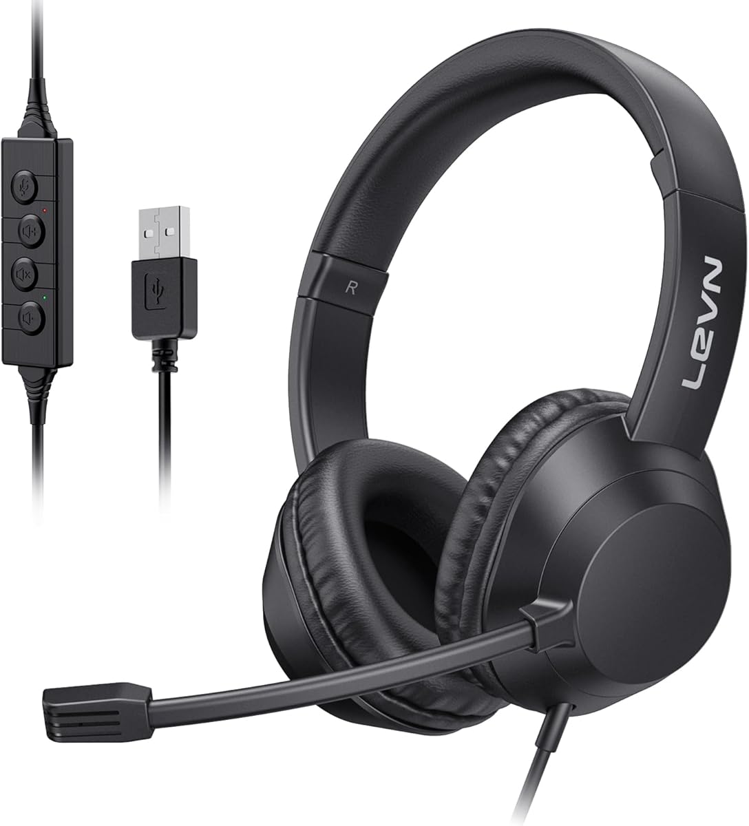 LEVN Headset with Mic, USB Headset with Microphone for PC, Headphones with Mic for Pc with Noise Canceling Microphone for Laptop, USB Headphones for Work from Home/Call Center/Open Office, Black