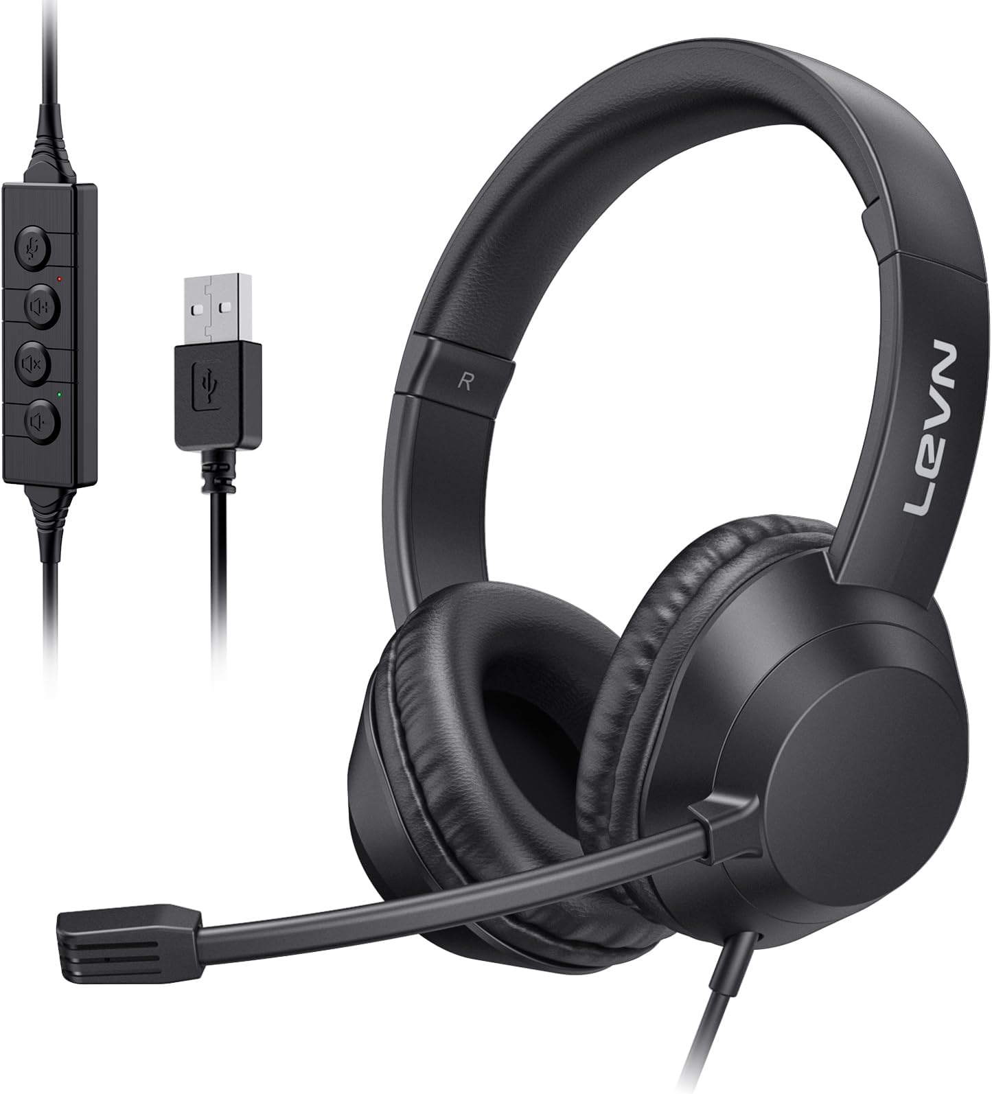 Headset with Mic, USB Headset with Microphone, Computer Headset with Noise Cancelling Microphone for Laptop PC, Mute in-line Controls, Wired Headset for Work from Home/Open Office/Call Center