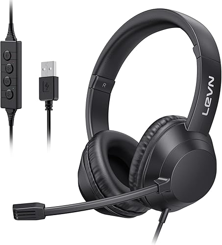 LEVN Auriculares con micrófono, auriculares USB con micrófono, auriculares de computadora con micrófono de cancelación de ruido para PC portátil,