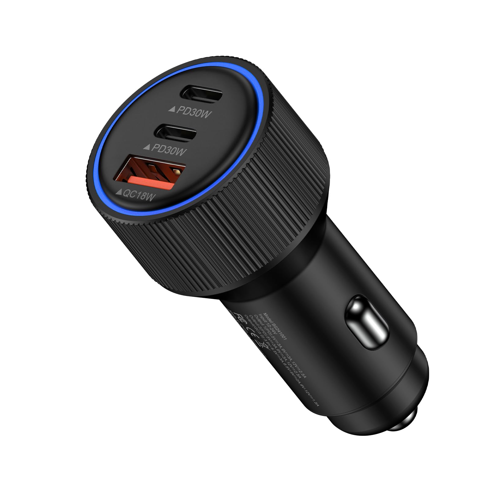 78W シガーソケット usb-c 高出力 車載充電器 急速充電 カーチャージャー USB-C&USB-A 超小型 3台同時急速充電 しがーソケット アルミ合金製 LEDリング搭載 12V/24V車対応 iPhone17/16/15 iPad Galaxy Sony Androidなど各種対応（ブラック）