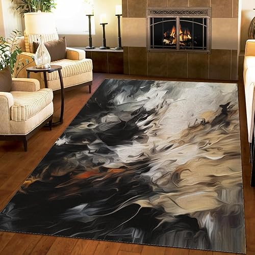 Miniatura 5 de Alfombra abstracta de color negro, beige y marrón, 3 x 4 pies, retro, para sala de estar, alfombras lavables neutrales para sala de estar, alfombra