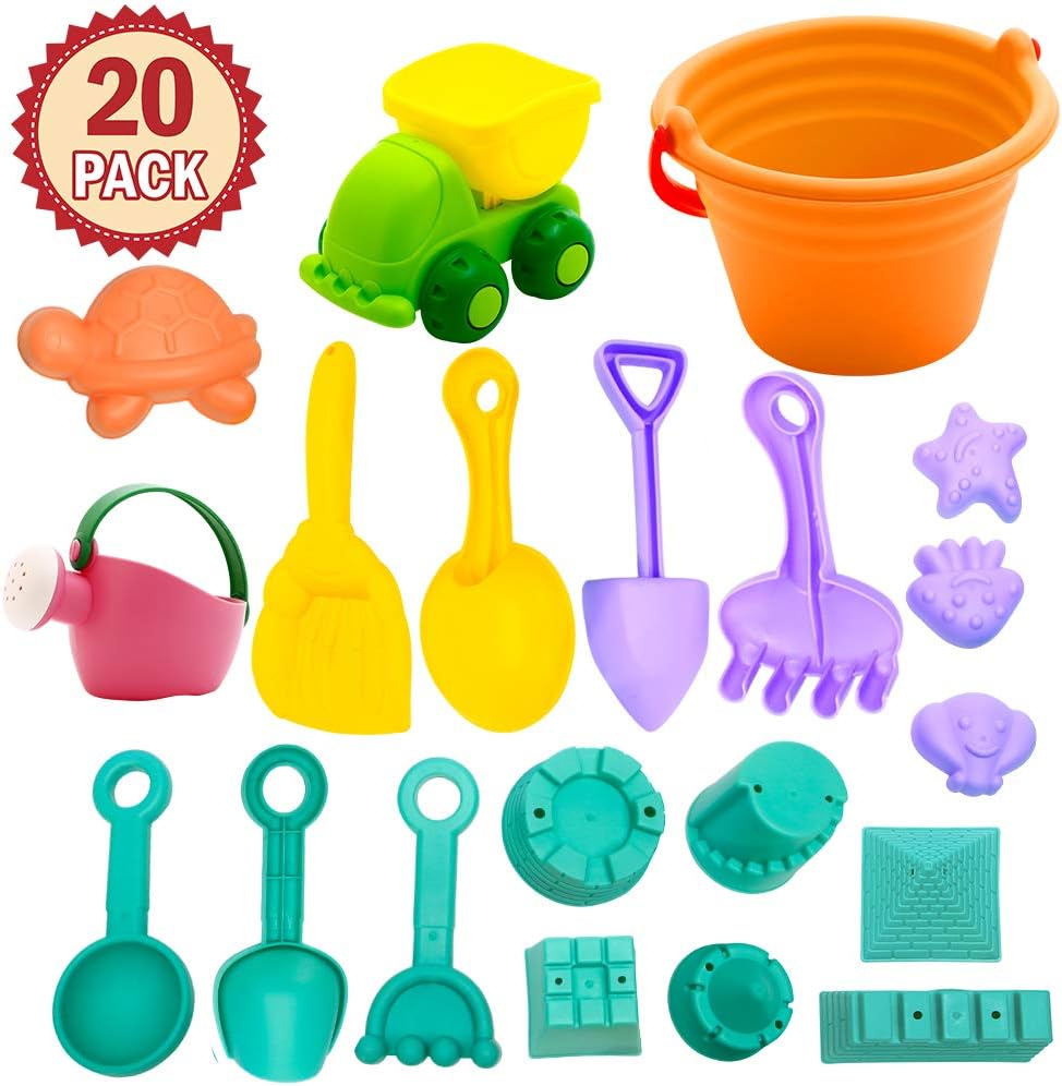 FunsLane 20 Pcs Beach Toys for Toddlers, Sandbox Toys Kids Outdoor Toys Beach Pail with Beach Molds Bucket Shovel Rake Building Kits Castle Molds Car Toy for Kids