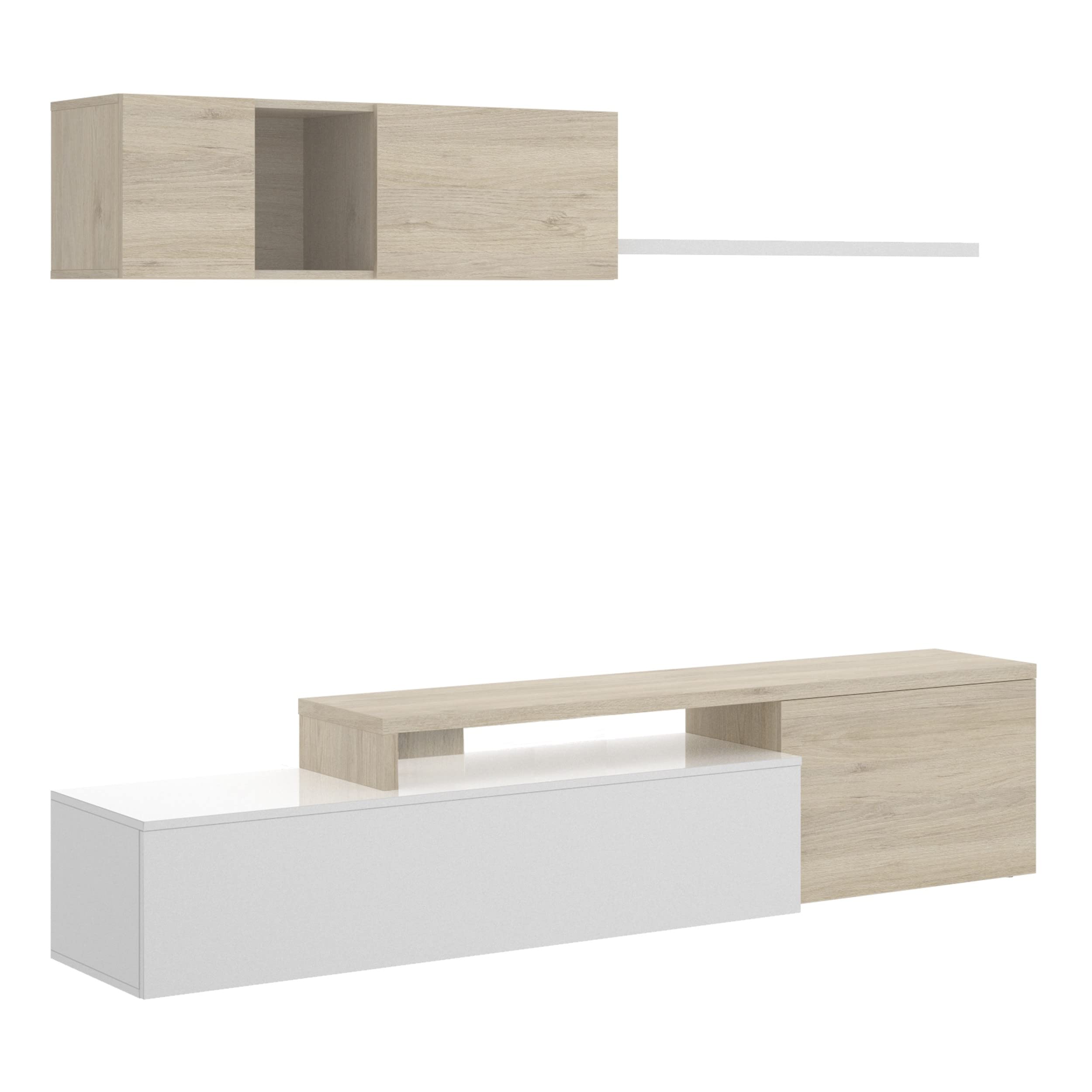Parete attrezzata porta Tv 201 cm Marylin Bianco lucido e Rovere Naturale - Bianco e Naturale