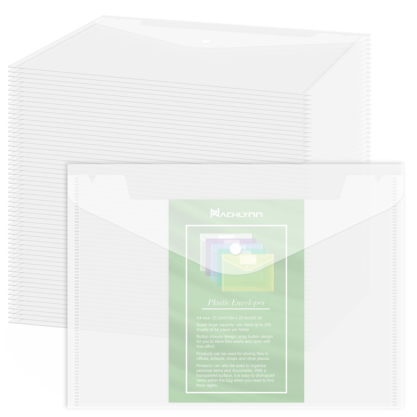NACHLYNN Confezione da 108 buste in plastica, formato A4, resistenti all'acqua, con chiusura a scatto, cartelle per documenti, buste trasparenti per scuola e ufficio