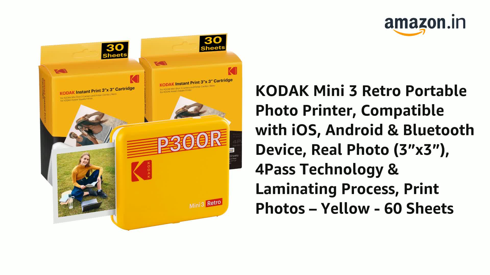 KODAK Mini 3 Retro 4PASS Portable Photo Printer (3x3 inches) + 68