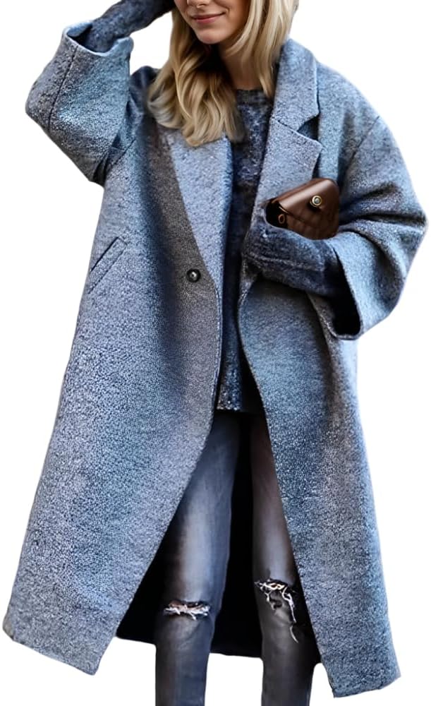 Women's Casual Floral Notched Lapel Button Down Long Woolen Coat Oversized Long Sleeve Jacket Outwear with 2 Pockets