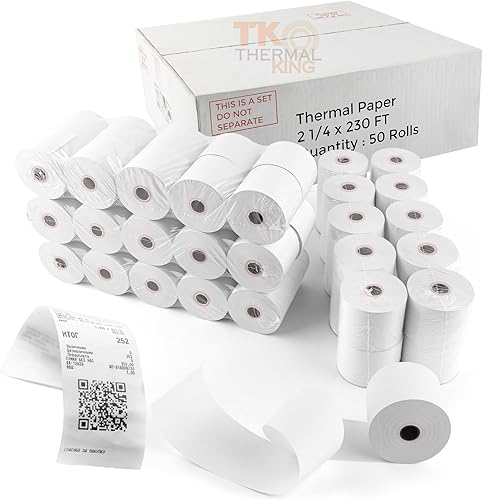(50 rollos) Papel térmico de 2 1/4 pulgadas x 230 pies, papel de recibo POS para caja registradora de negocios minoristas, se adapta a la mayoría de
