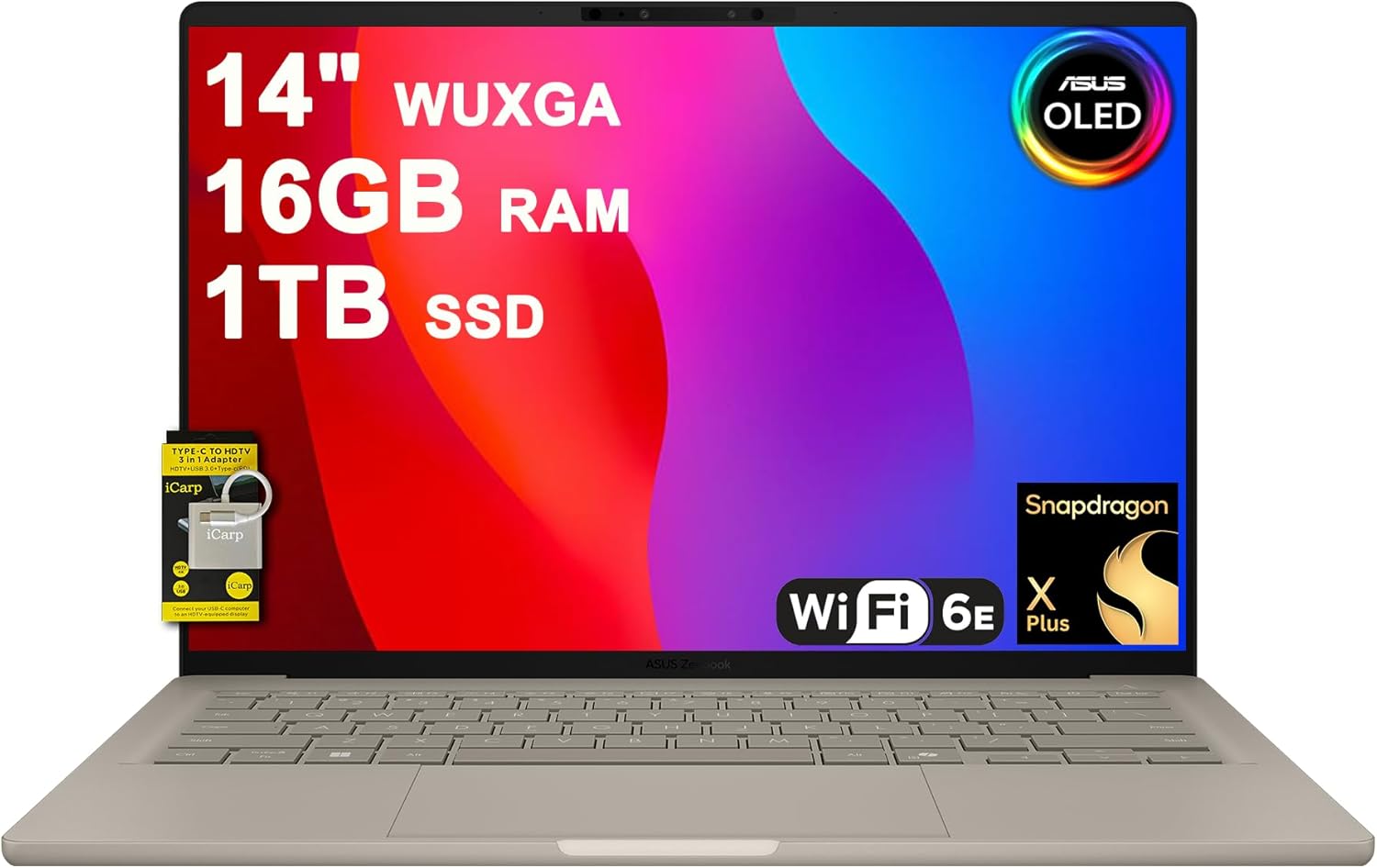 ASUS Zenbook A14 Laptop 14" WUXGA OLED (100% DCI-P3, 600nits HDR) Qualcomm 8-core Snapdragon X Plus (Up to 45 Tops) 16GB DDR5 1TB SSD for Creator Business Professional Win11 ICP Hub