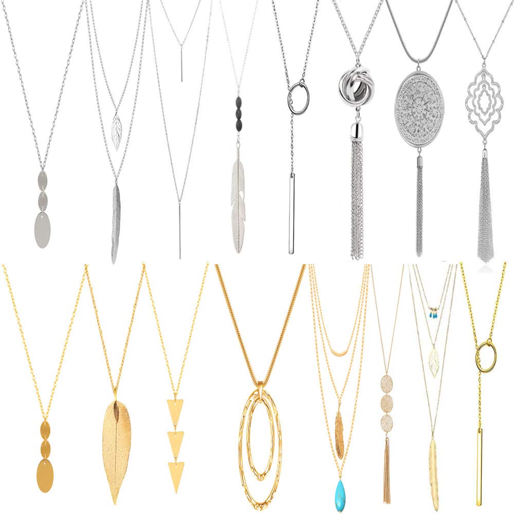 Z-Jeris 16 Pieces Long Pendant Necklace Set Y Tassel Leaf Circle Bar Necklace for Women
