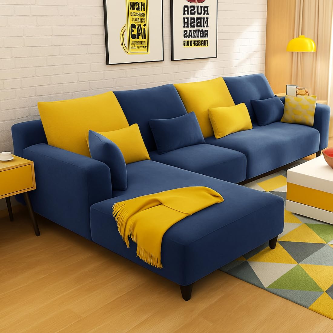 FURNY Mintora 6 Seater Fabric LHS L Shape Sofa Set (Dark Blue) with Extra Cushions | Premium Velvet Finish | Ideal for Living Room FURNY Mintora 6 Seater Fabric LHS L Shape Sofa Set (Dark Blue) with Extra Cushions | Premium Velvet Finish | Ideal for Living Room