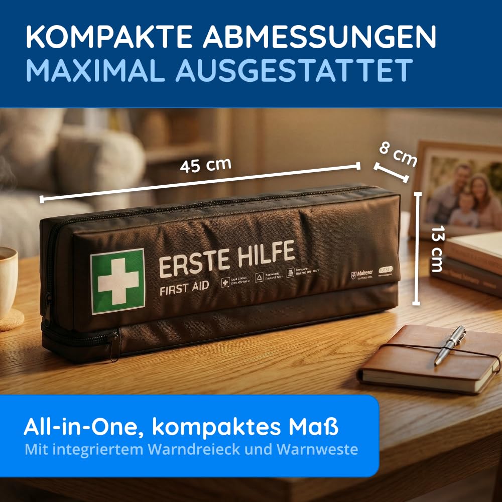 Trousse de premiers secours pour voiture avec triangle de signalisation et gilet de signalisation conforme à la norme DIN 13164:2022 | Valable pour 2025 | Boîte de premiers secours pour voiture