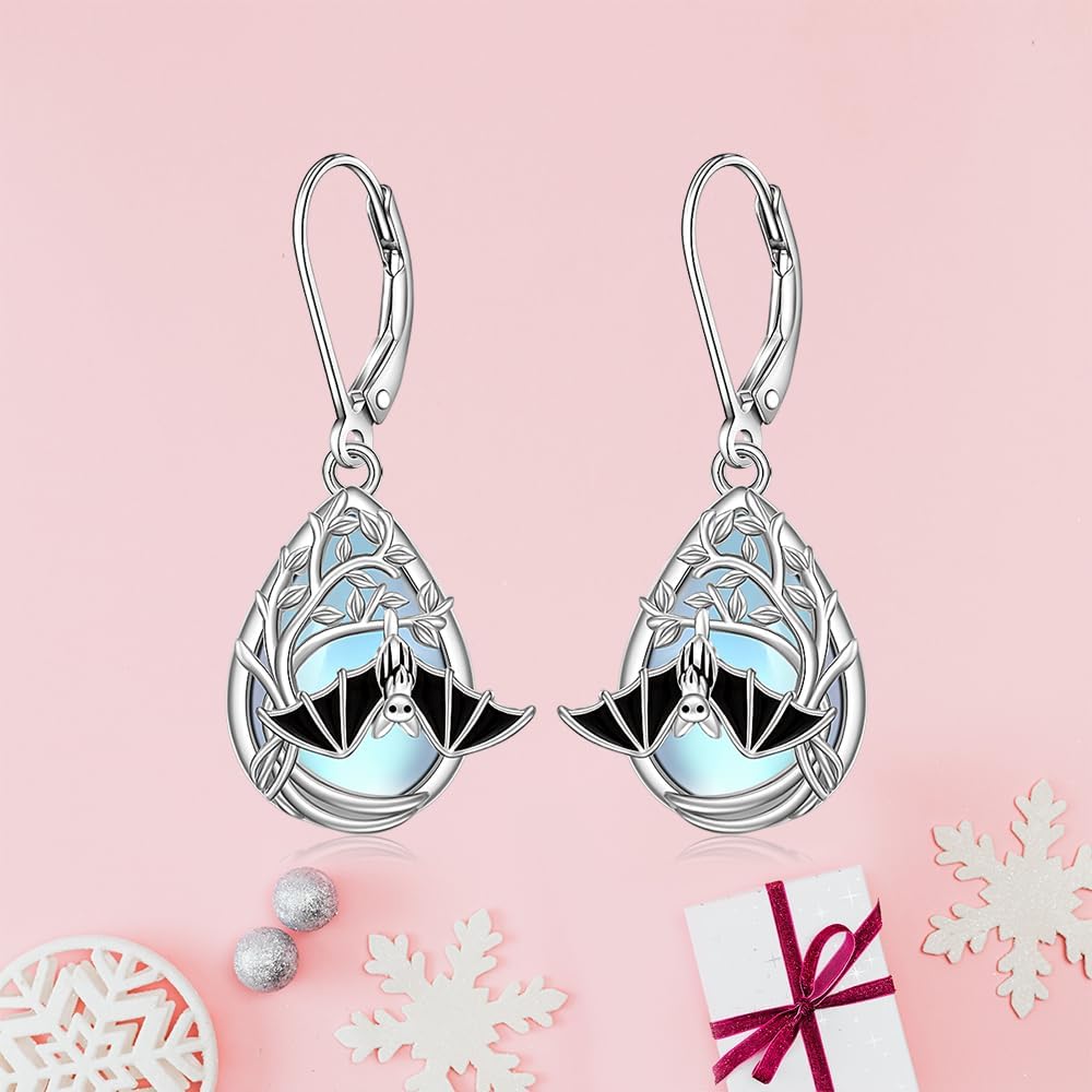 Halloween Bat Earrings Moonstone Earrings for Women Sterling Silver Spooky Gothic Bat Earring Dangle Cute Halloween Jewelry - Image 7
