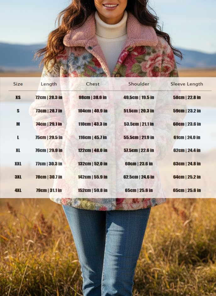 Akivide Women's Winter Casual Cute Floral Fleece Jacket Oversized Soft Warm Fuzzy Button Sherpa Coat - Image 3