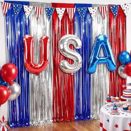 4th of July Decorations 6PCs Red White and Blue Decorations Fourth of July Streamers Patriotic Foil Fringe Curtains Photobooth Props Party Backdrop for USA 250th Independance Day Decor Memorial Day
