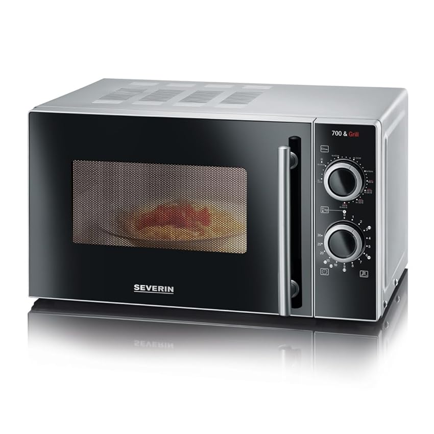 Severin Forno a microonde 2 in 1 con Grill 700 W, Forno con 9 programmi Automatici, Forno a microonde con griglia e Piatto Girevole, Colore: Argento/Nero MW 7771