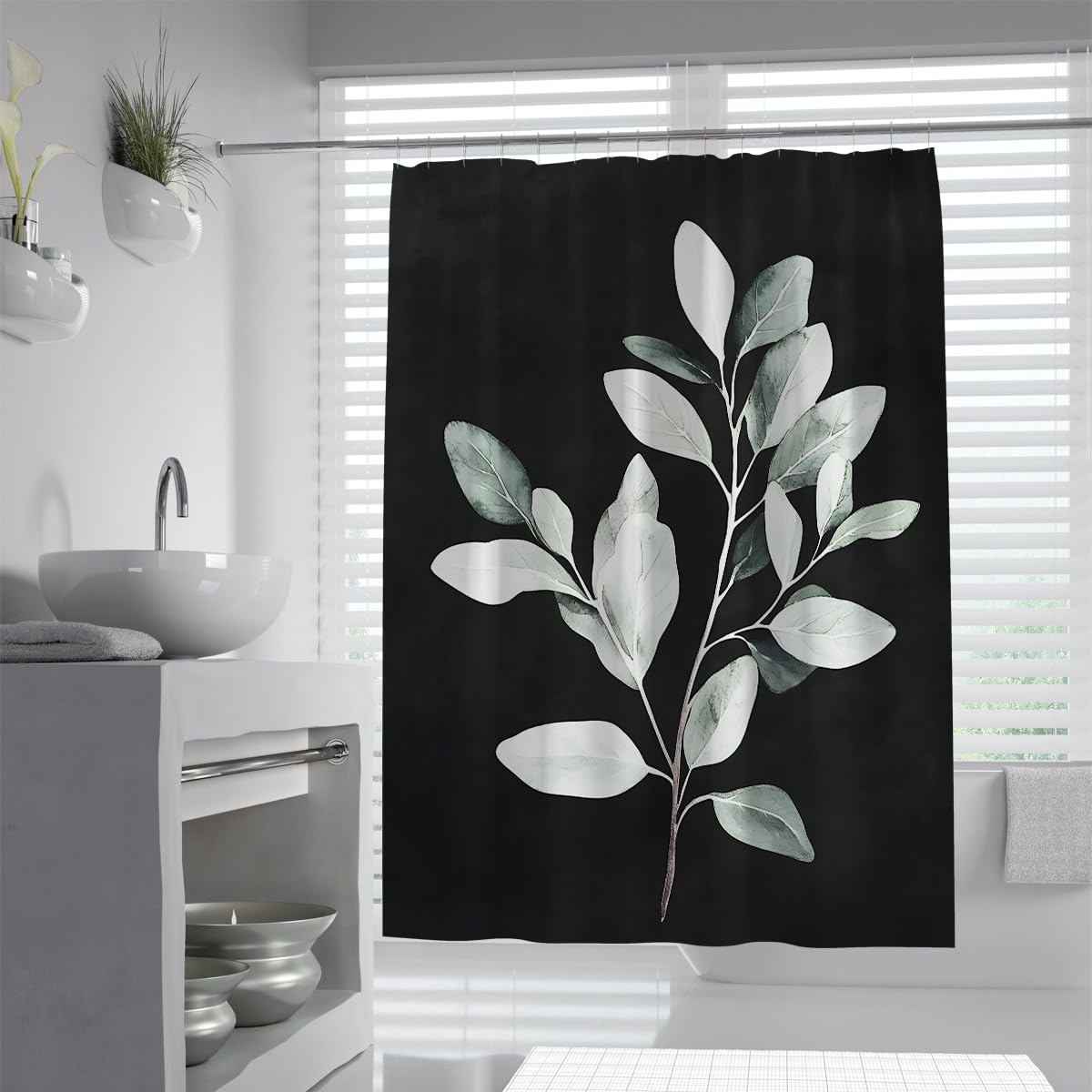 UIRINGART Modern Black Eucalyptus Leaves Plant Shower Curtain W200xL240cm Luxury Dark Botanical Greenery Fabric Waterproof Mildew Resistant Bathroom Decor With Hooks