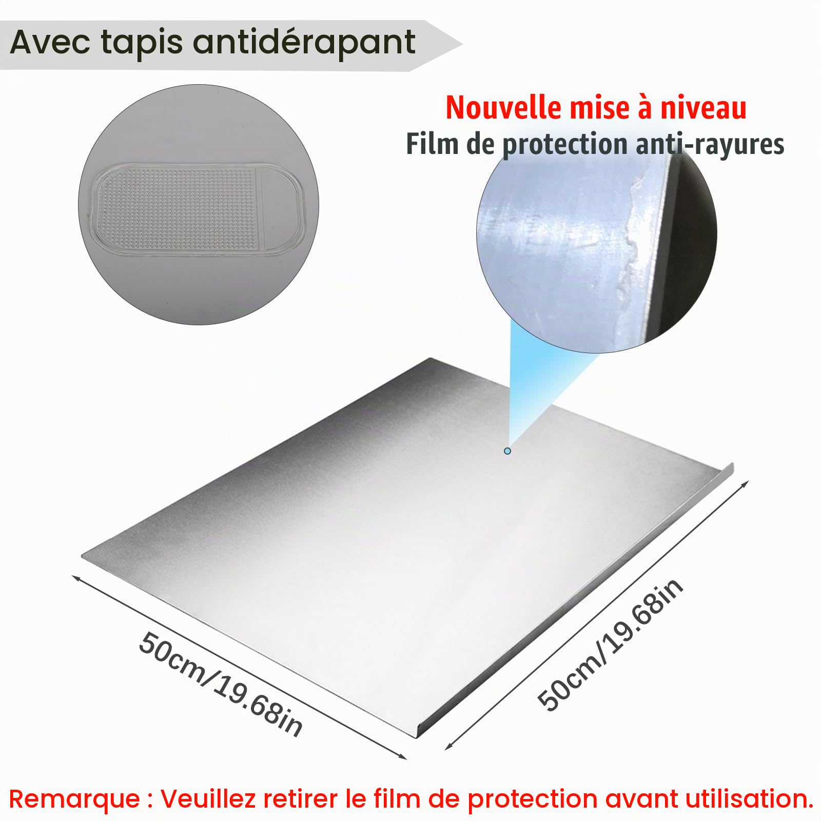 50 x 50 cm - Grande planche à découper professionnelle en acier inoxydable - Avec tapis antidérapant - Pour pétrir pizza, pain, pâte, chocolat, gâteau
